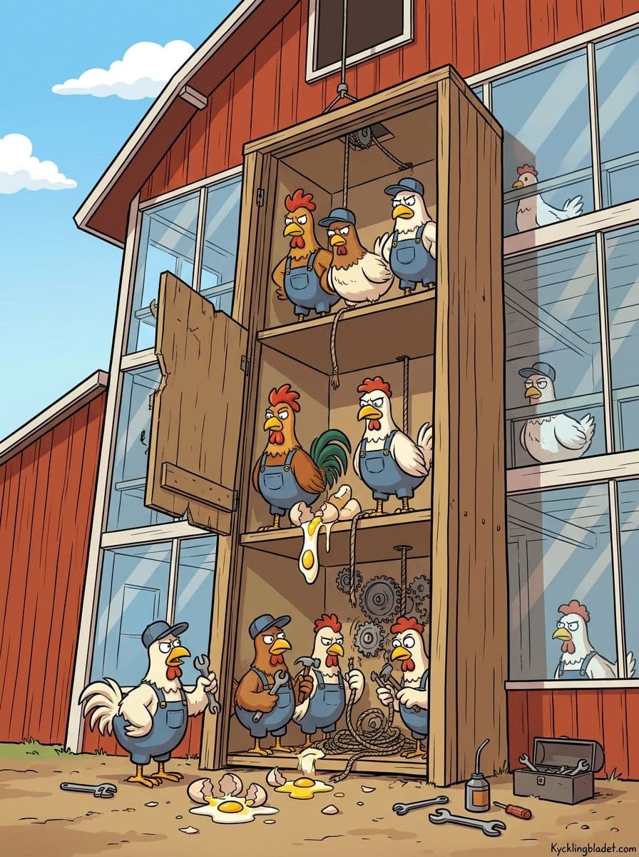 Redelivtaren på Videdalsredet läckte hundratals ägg efter ett haveri igår eftermiddag. Höns får nu ta trappan medan reparationen pågår.