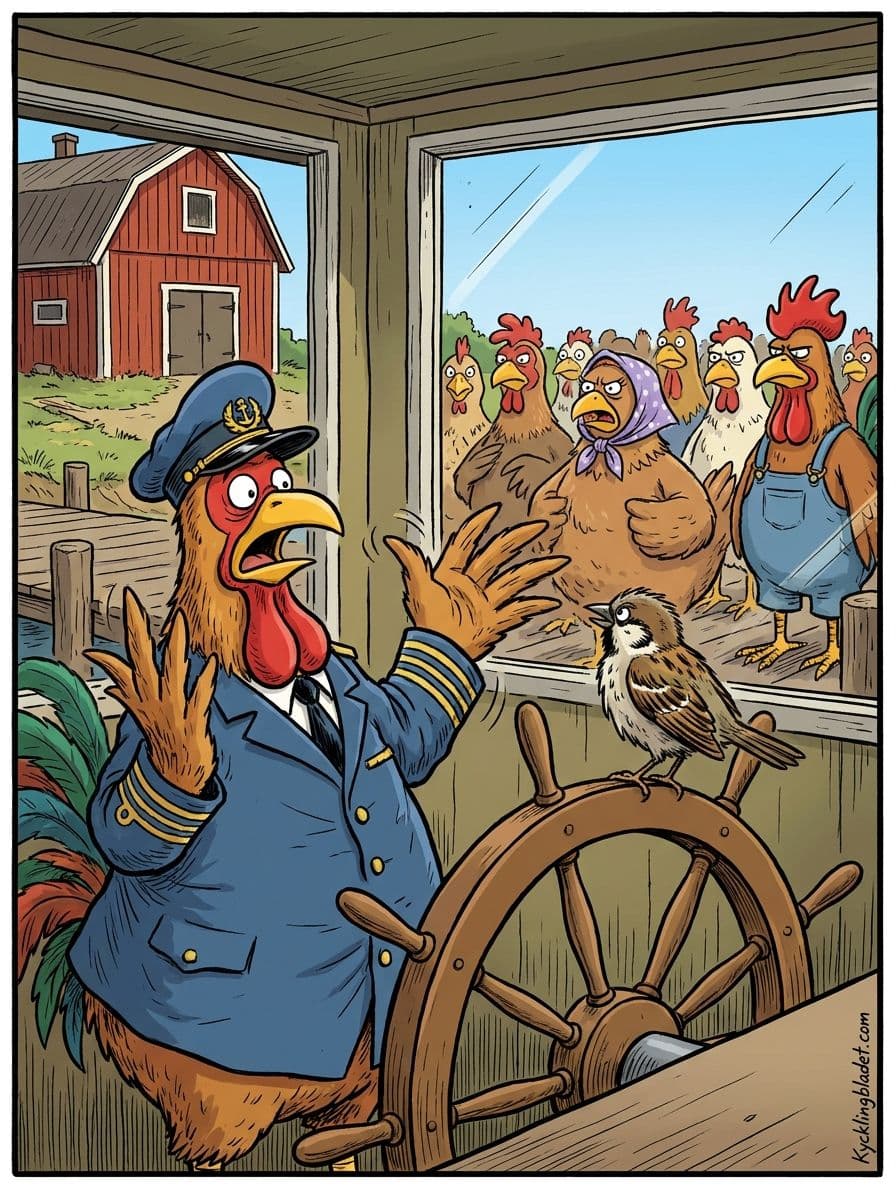 Flytbokaptenen försöker jaga bort den okända fågeln från styrhytten medan frustrerade höns väntar på kajen.