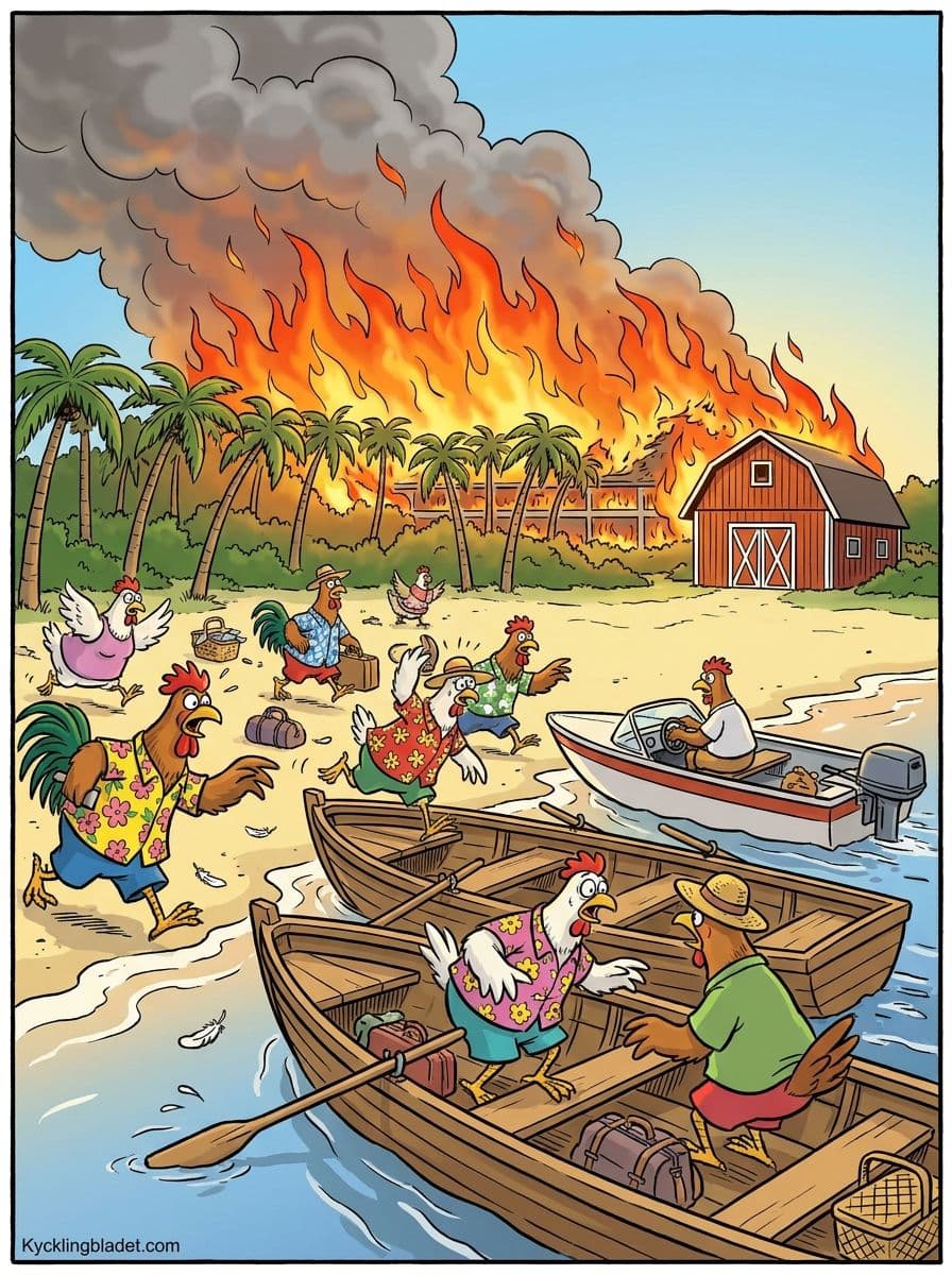 Semesterhöns flydde ut till flytbon när eldväggen hotade stranden på den grekiska gården i går.
