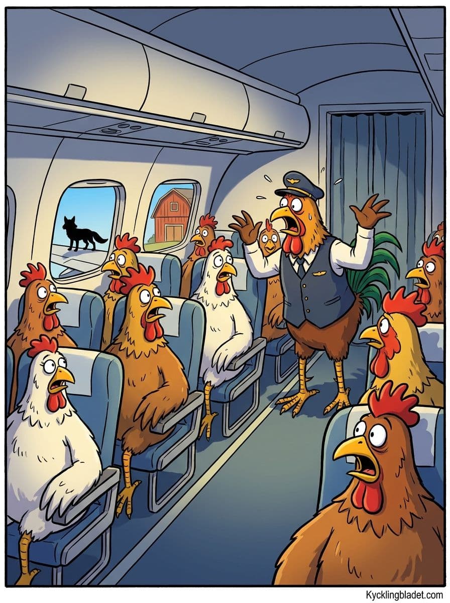Panik utbröt ombord på hönsplanet när den misstänkte räven reste sig och började kackla hotfullt. Foto: Illustration