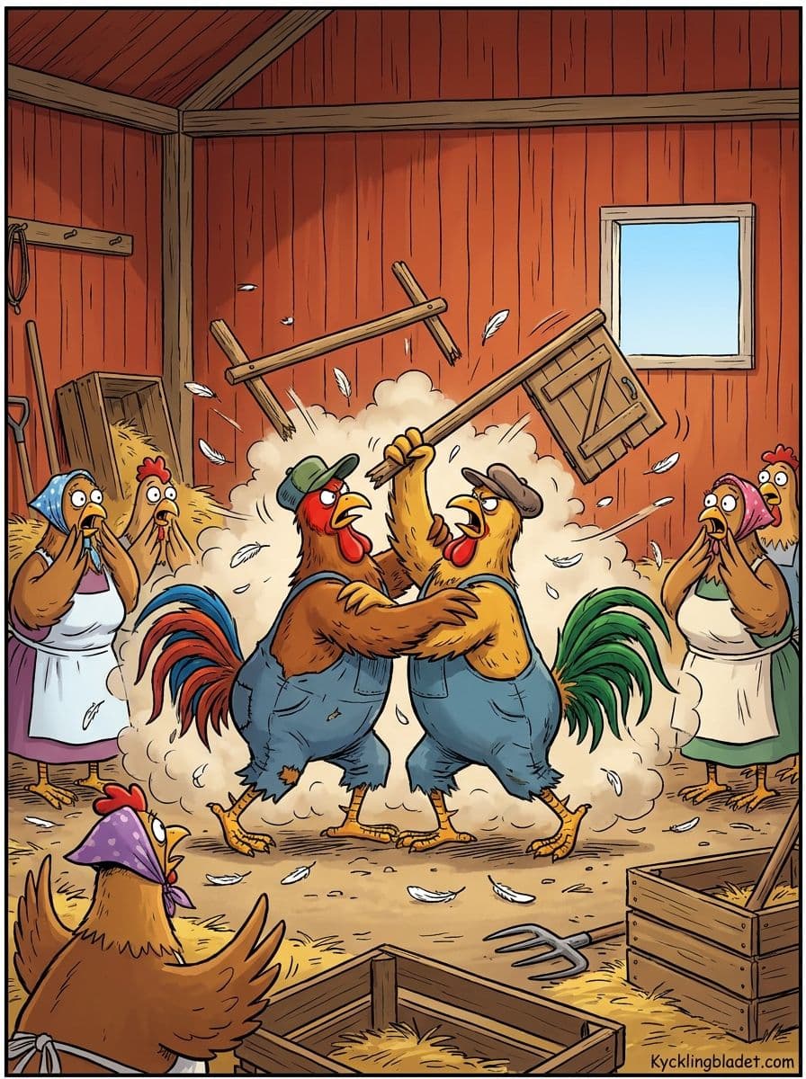 Kalle Kamtuppen och Bengt Busktuppen i hetsigt kackelbråk vid Gårdens foderlager i går. Hönsvakten fick ingripa.