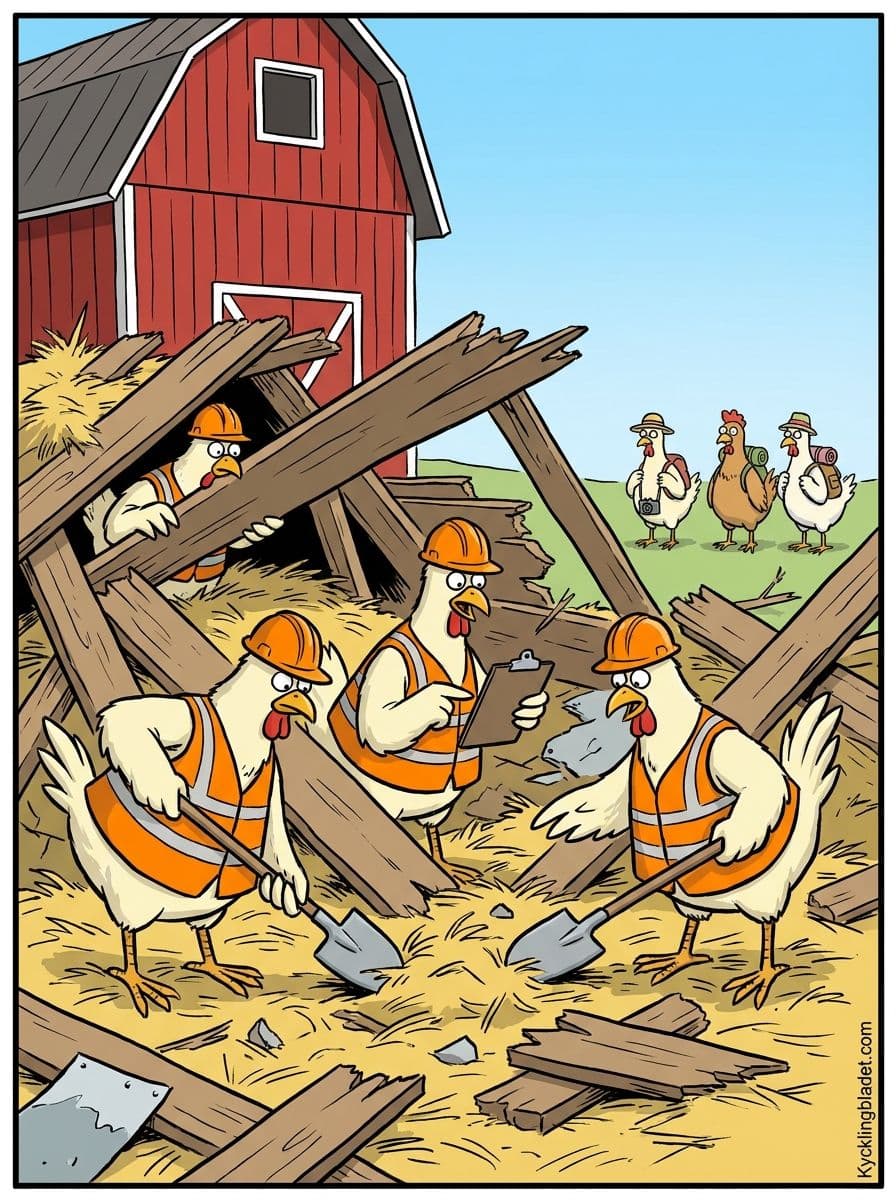 Räddningshönsen letar efter instängda höns i resterna av det rasade redet i semestergården.